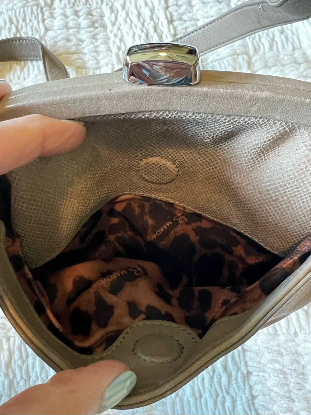 b. makowsky Taupe Pebbled Drawstring middle clasp Crossbody